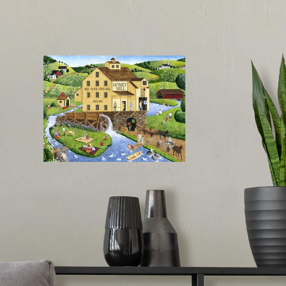 A modern room featuring Americana scene of a water mill surrounded by buy townspeople.