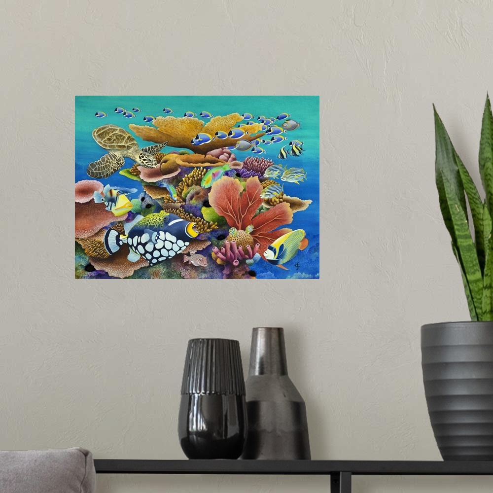 A modern room featuring Contemporary painting with fish and a turtle swimming around coral reefs in vibrant colors.
