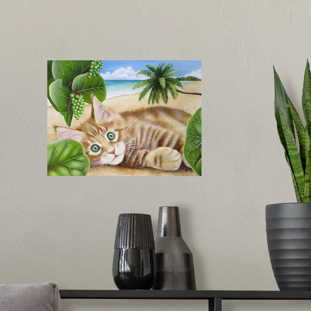 A modern room featuring Colorful tropical themed artwork of cat laying on a sandy beach surrounded by lush plants.