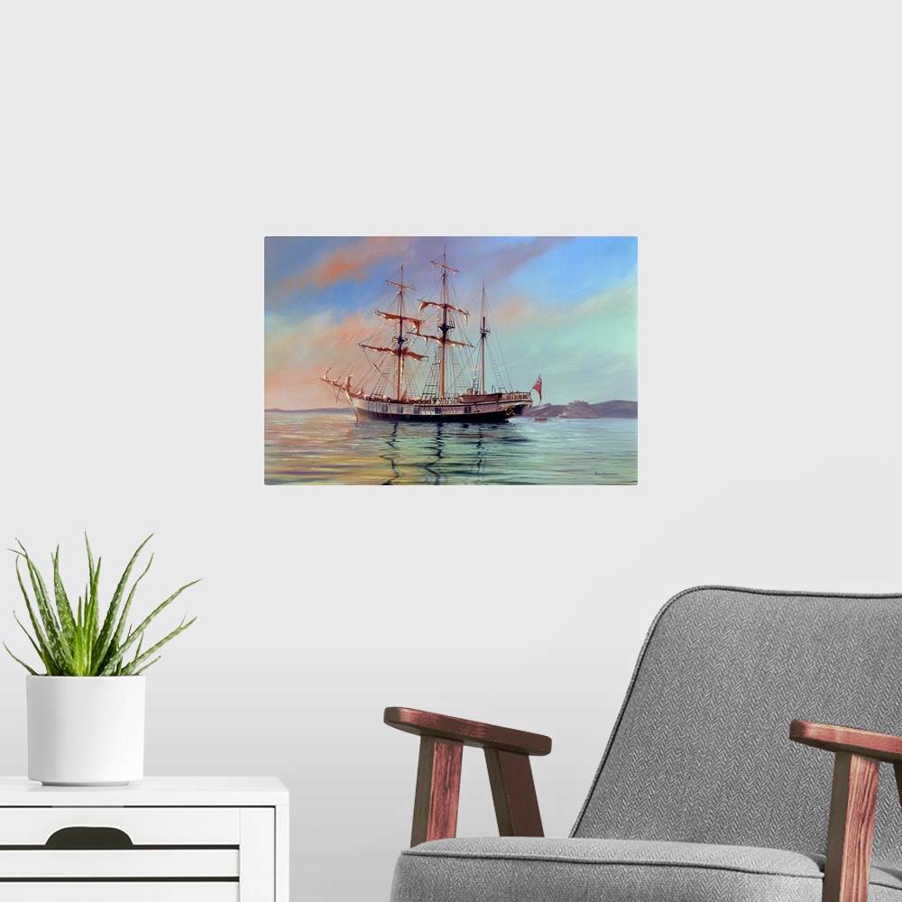 A modern room featuring Painting of of an old naval vessel traversing the open sea.