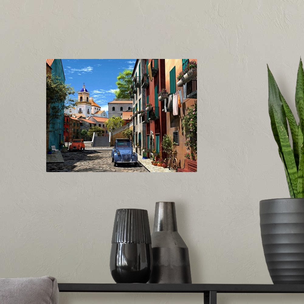 A modern room featuring Bright colored cars and buildings line a stone street and photographed during a sunny day.