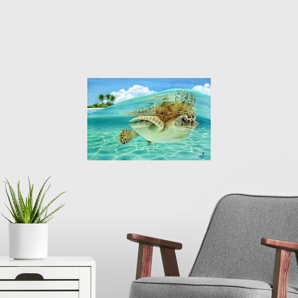 A modern room featuring Watercolor painting of a sea turtle under a crystal blue wave with an island in the background.