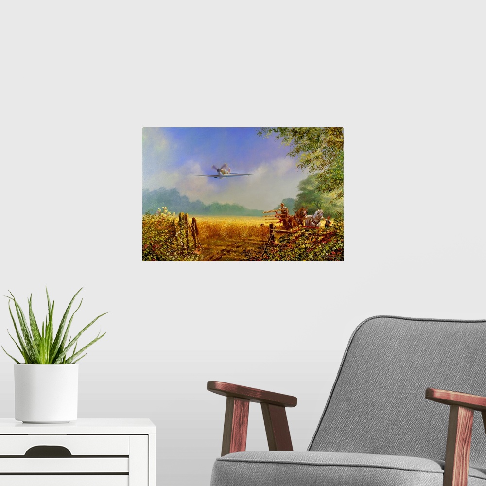 A modern room featuring Painting of a military plane flying over a rural farm landscape.