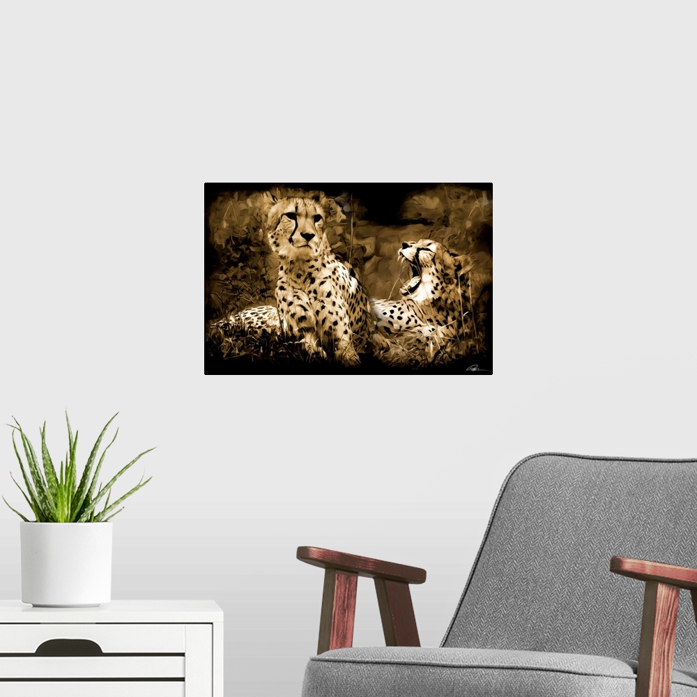 A modern room featuring Contemporary animal art of two cheetahs laying together.