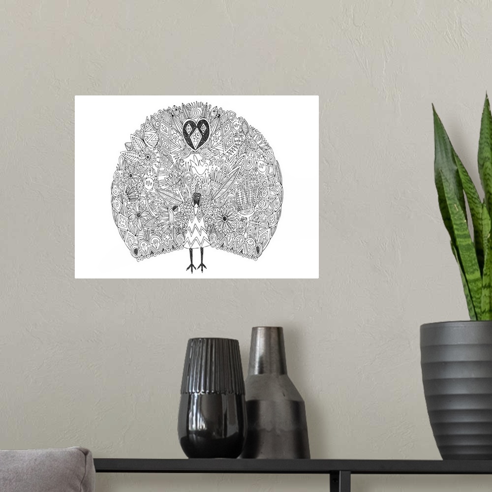 A modern room featuring Black and white line art of a peacock displaying its plumage with images inside the line work.