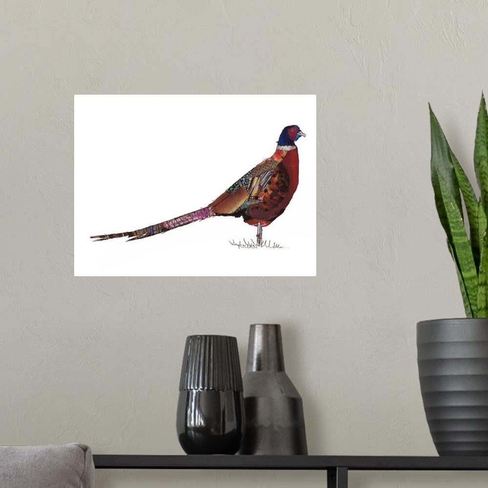 A modern room featuring Horizontal artwork of a pheasant in a collage style outlined in stitches.