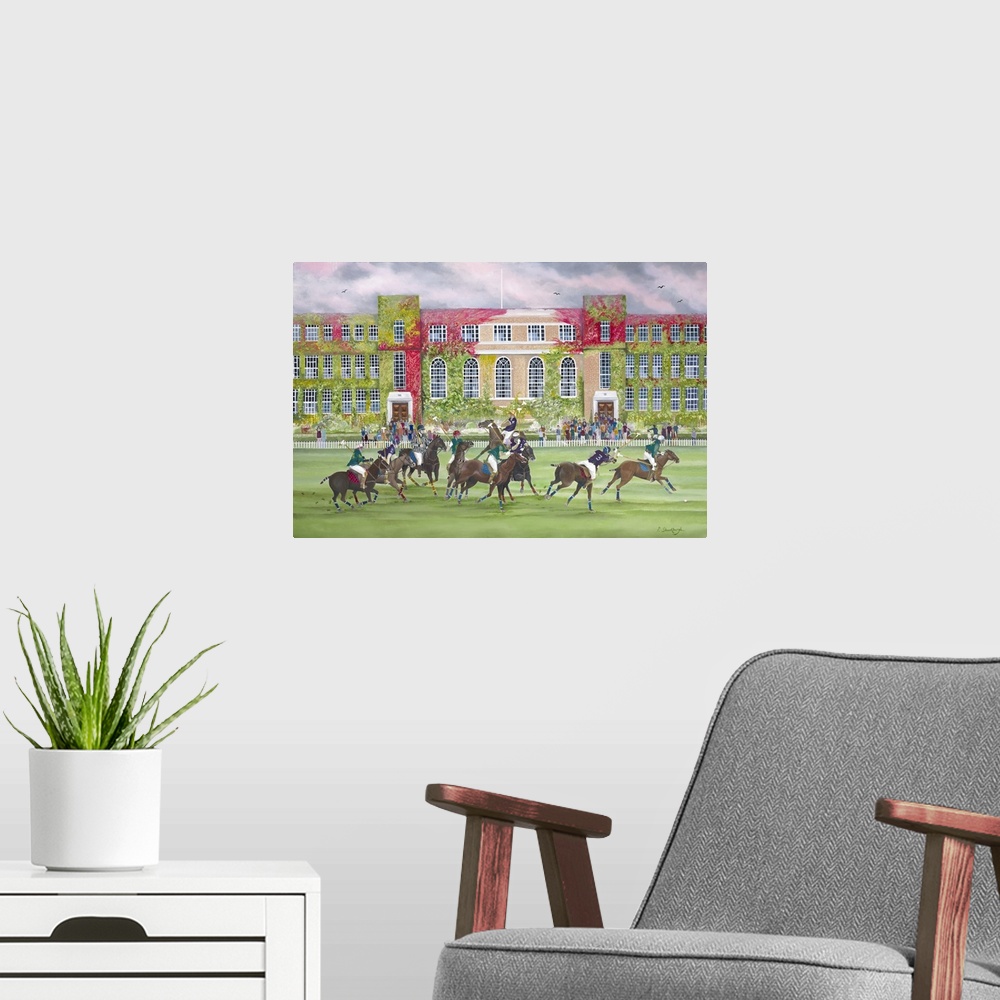 A modern room featuring Contemporary painting of a polo match.