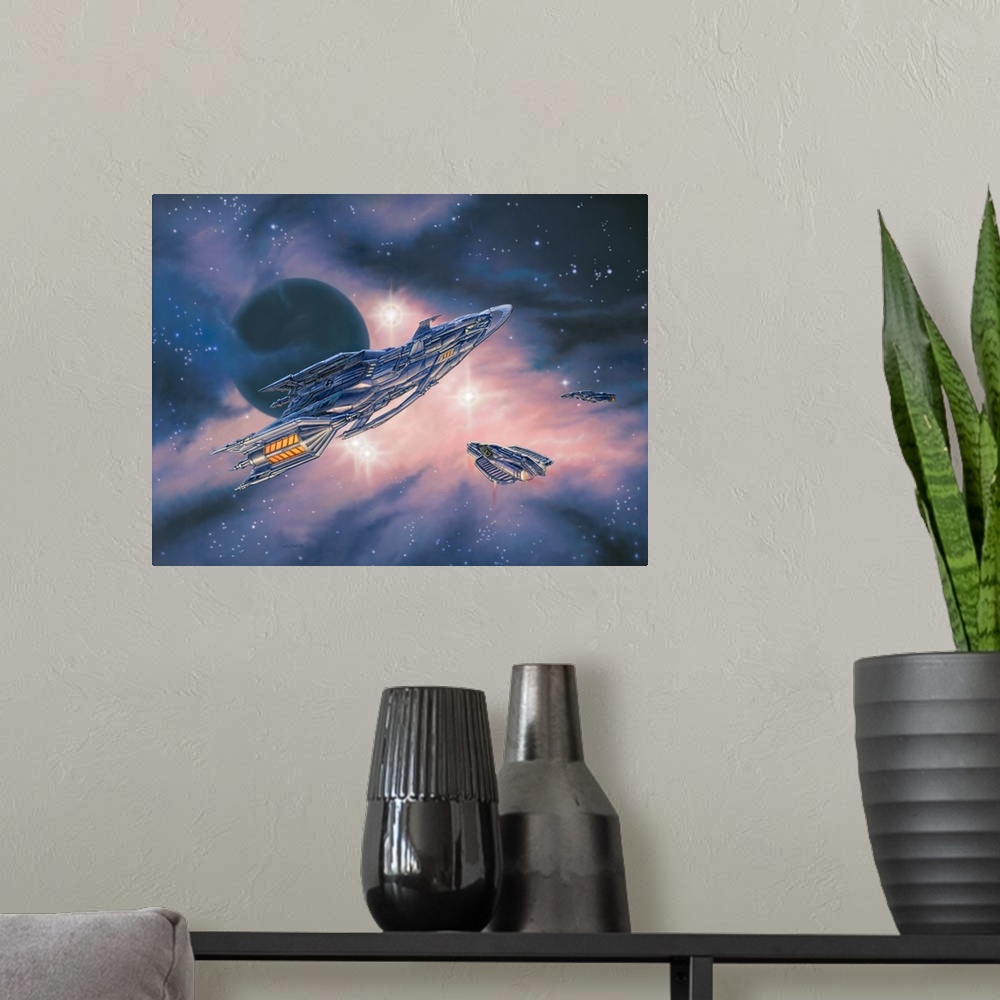 A modern room featuring A shuttle transports passengers between ships that have met up inside a purple nebula.