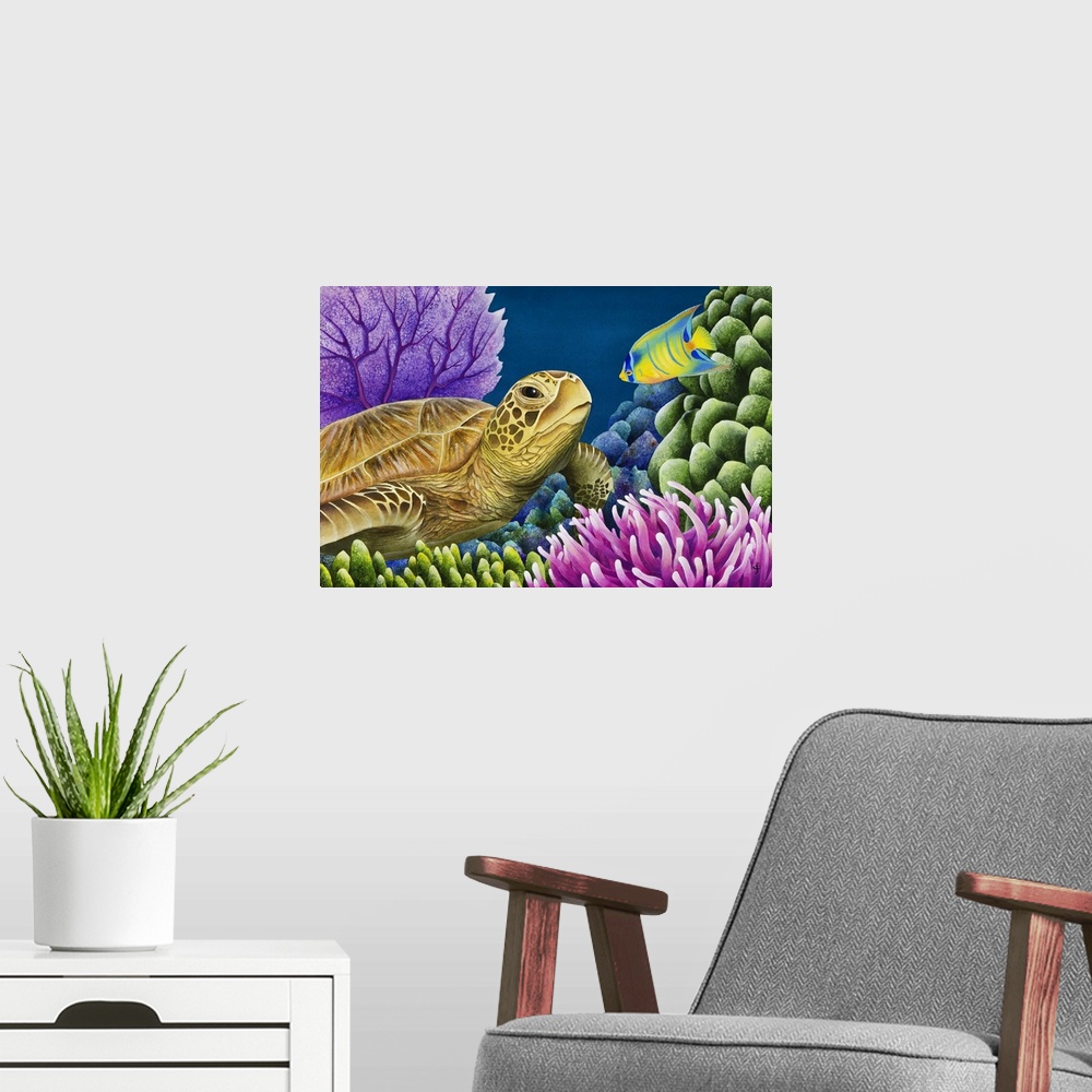 A modern room featuring Watercolor painting of a sea turtle and a tropical fish starring at each other in a coral reef.