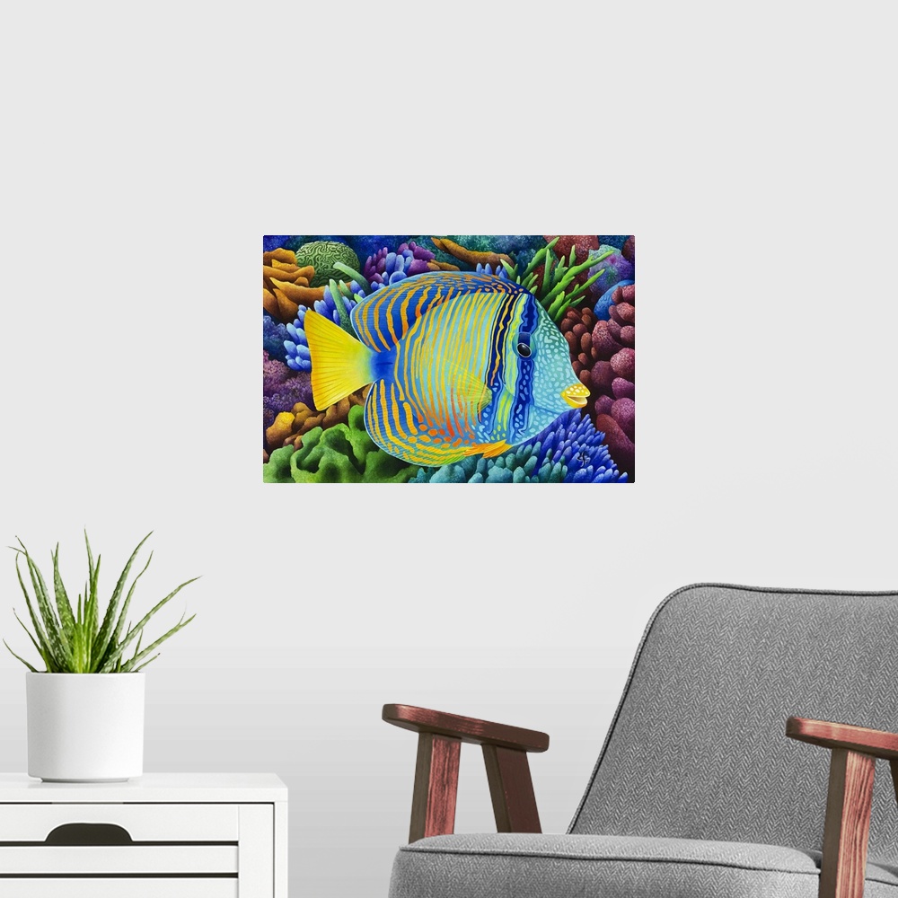 A modern room featuring Whimsy watercolor painting of a colorful tropical fish with coral reefs in the background.