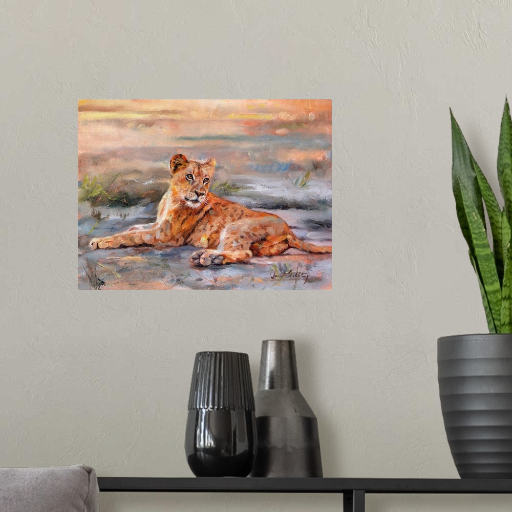 A modern room featuring Contemporary painting of a lioness laying on the ground.