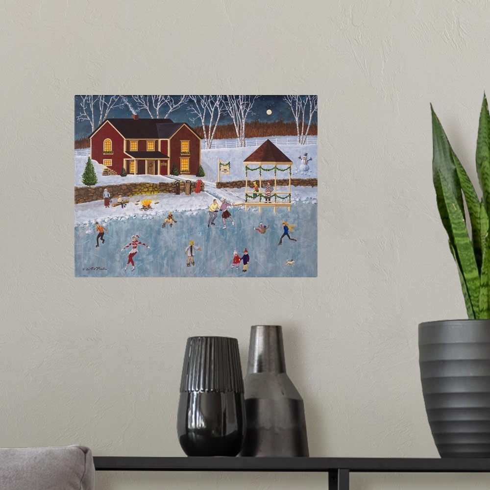 A modern room featuring Americana scene of ice skaters on a frozen pond on a winter evening.