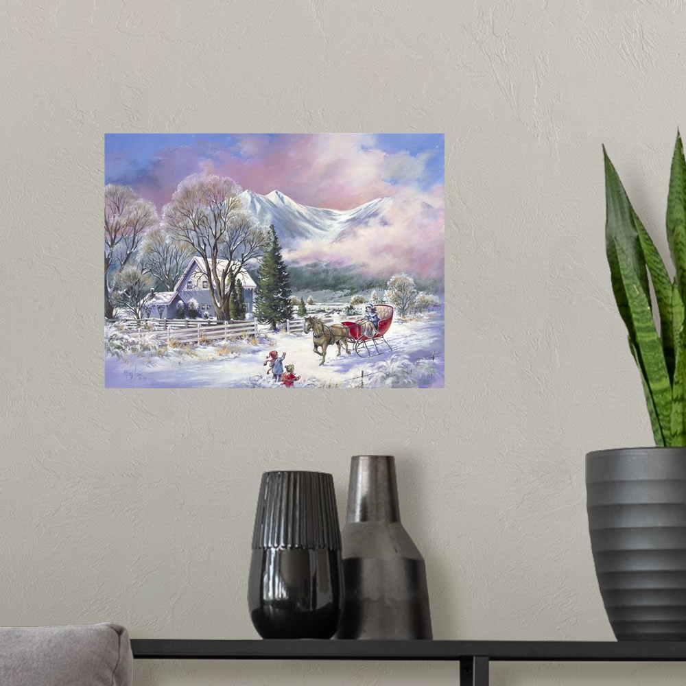 A modern room featuring Contemporary painting of two children waving to a horse drawn sleigh in winter.