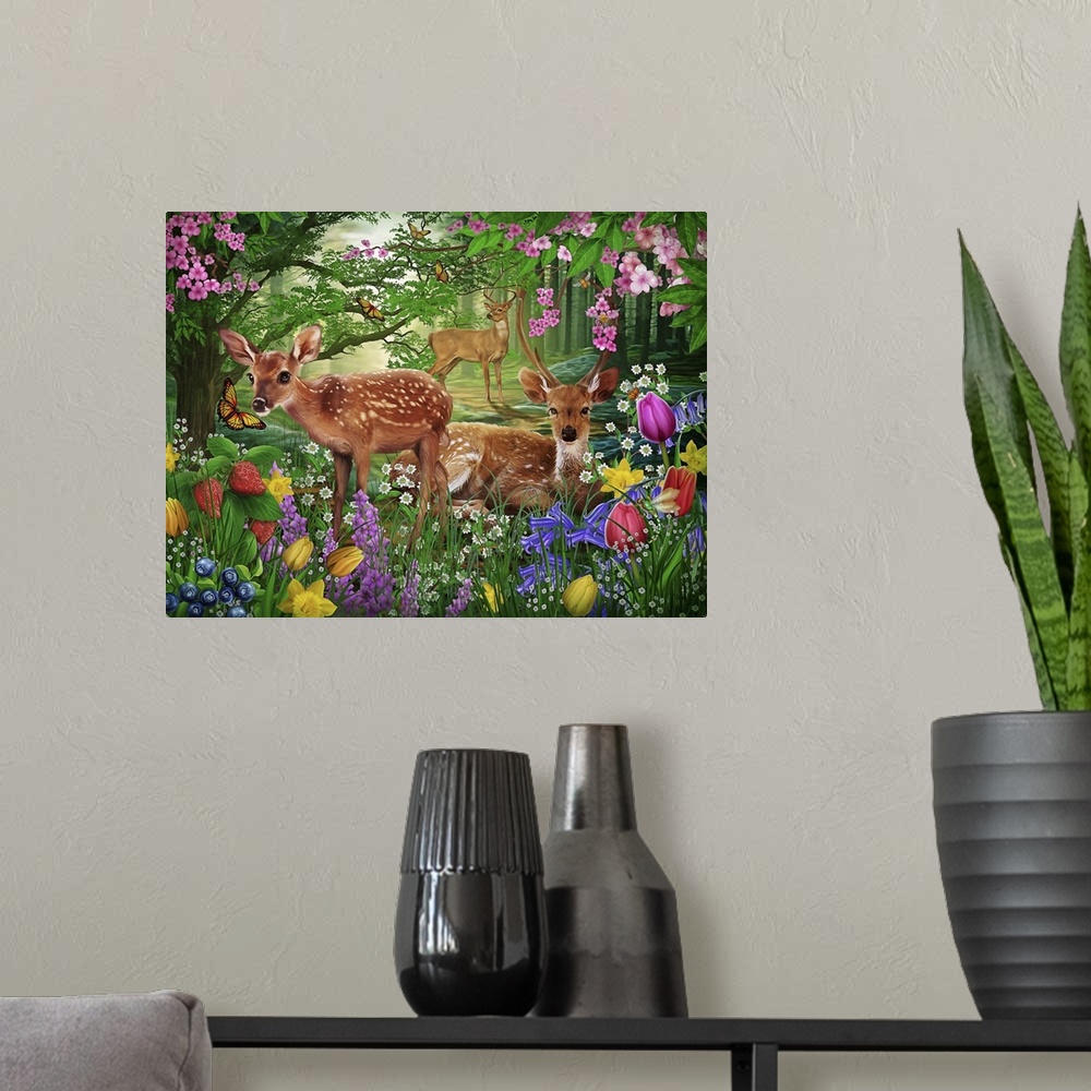 A modern room featuring Whimsy illustration of deer and a fawn in lush green woods surrounded by wildflowers and fruit.