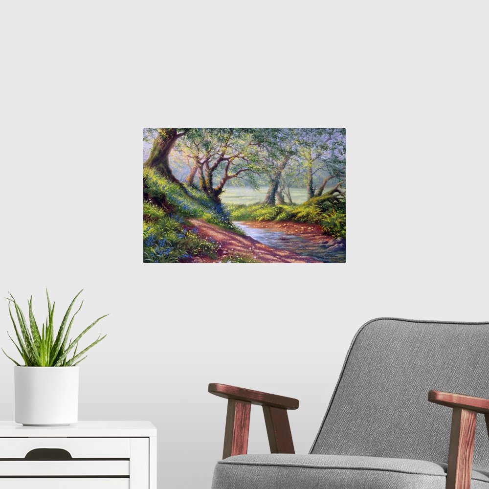 A modern room featuring Contemporary painting of a stream running through a forest.