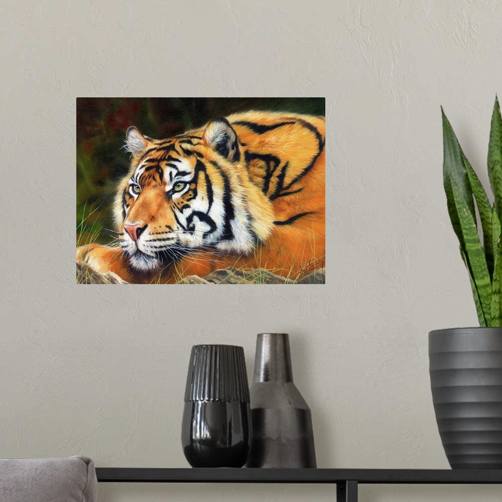 A modern room featuring Contemporary painting of a Sumatran tiger laying peacefully on the ground.