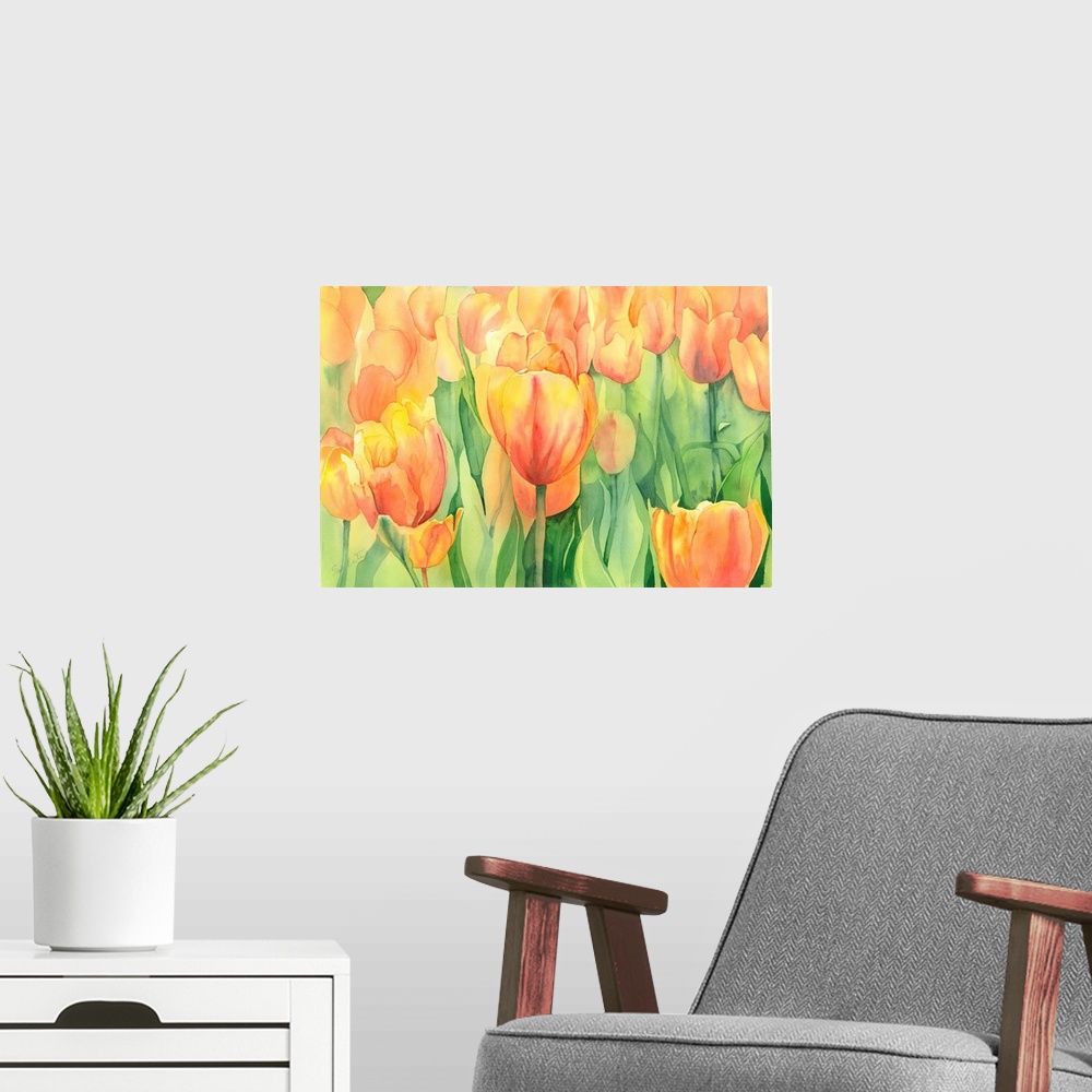 A modern room featuring Contemporary watercolor painting of brightly colored flowers.