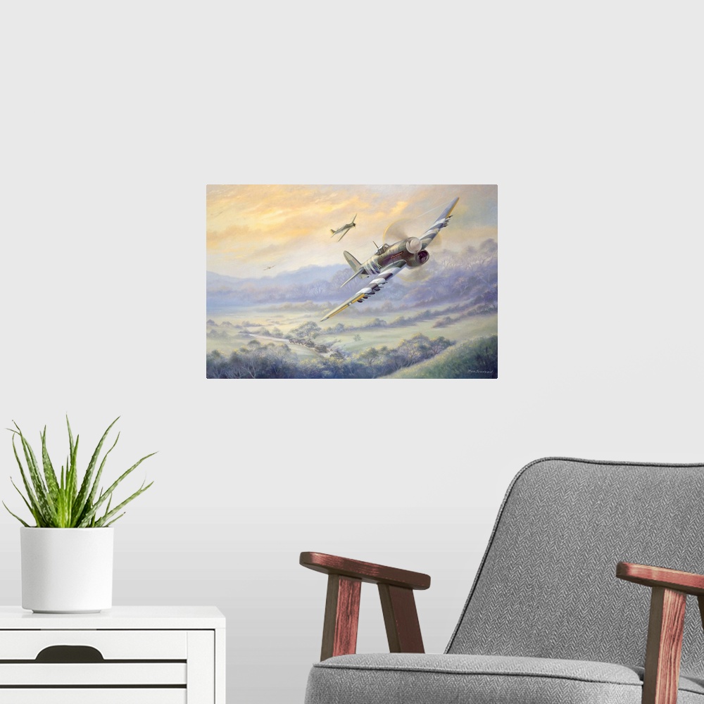 A modern room featuring Contemporary artwork of military fighter planes flying over a rural landscape with tank caravan m...