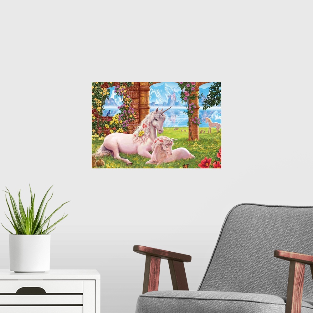 A modern room featuring Unicorn mother and foal lying down in an old fantasy garden with a lake and mountains.