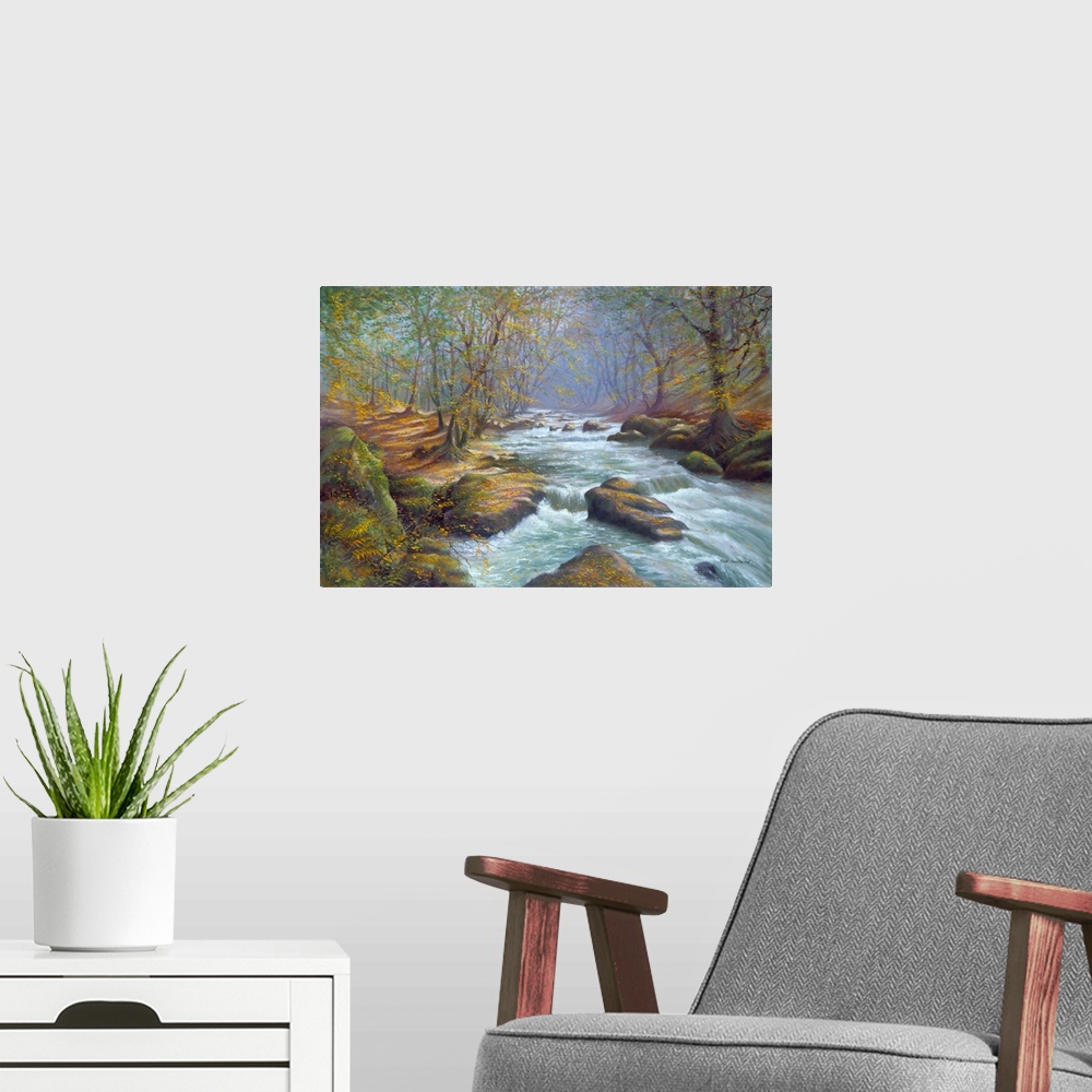 A modern room featuring Contemporary painting of a river moving quickly through a forest.