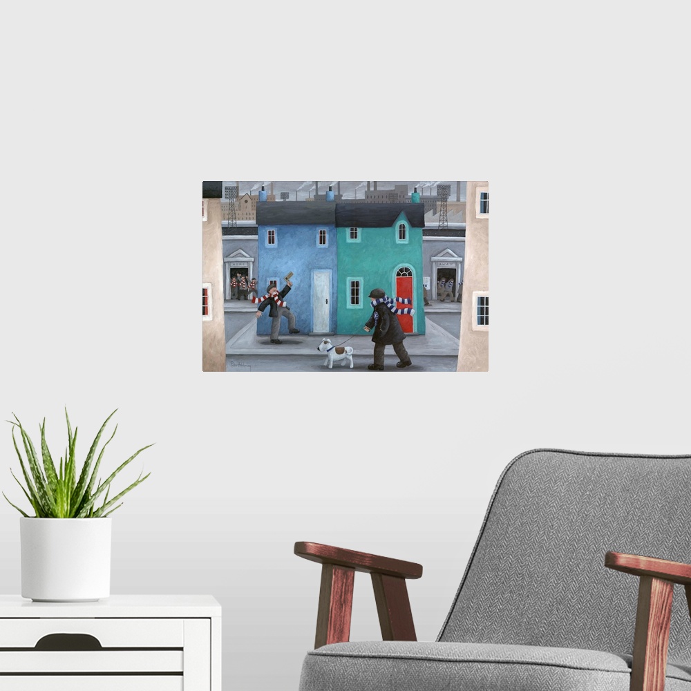 A modern room featuring Contemporary painting of people in scarfs and hats making a commotion in the streets of a dreary ...