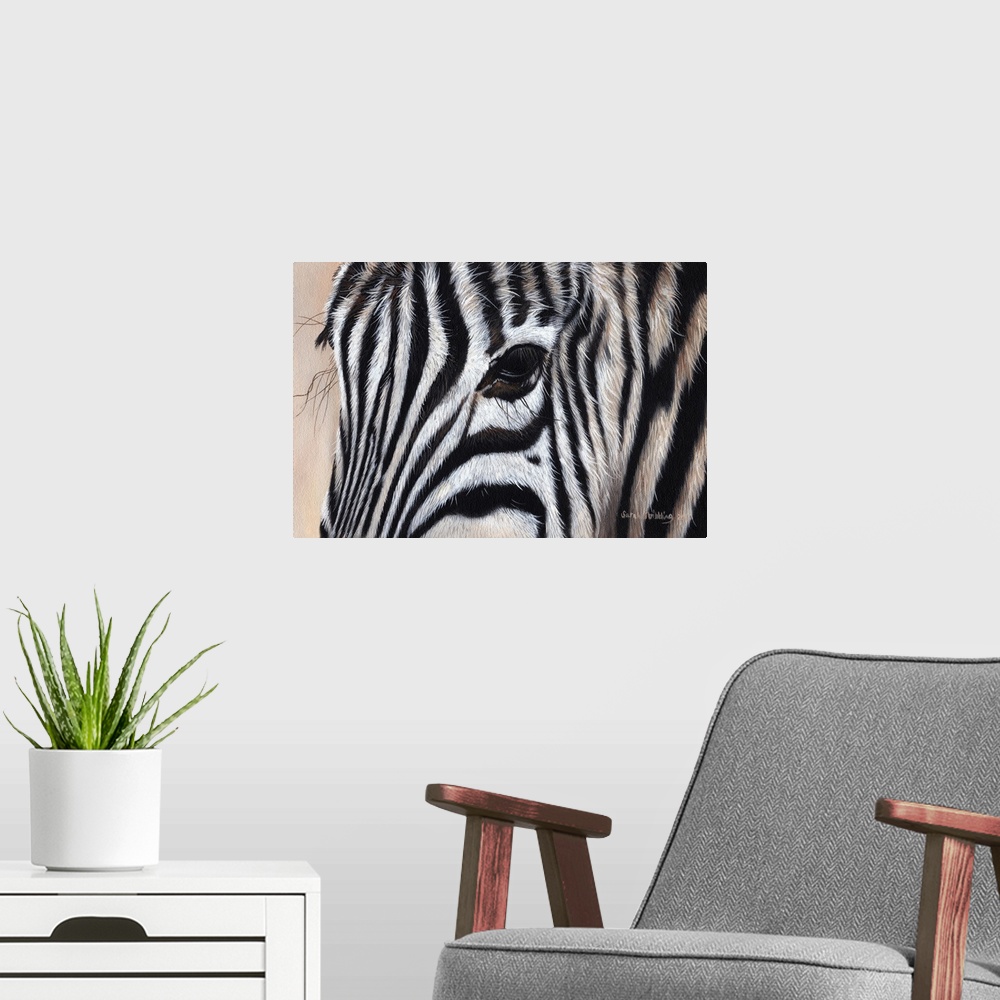 A modern room featuring Zebra eye close up, oil on canvas.