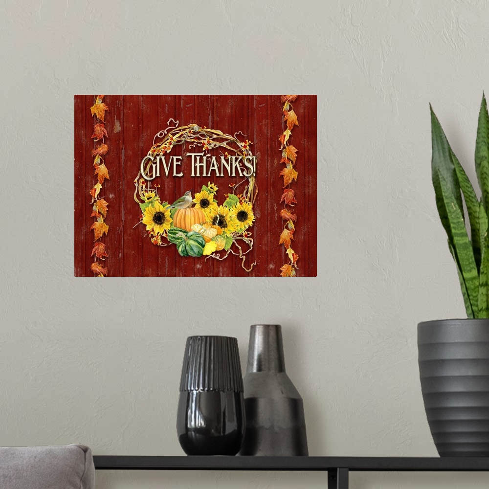 A modern room featuring Thanksgiving themed decor of a wreath with sunflowers, squash, and pumpkins.