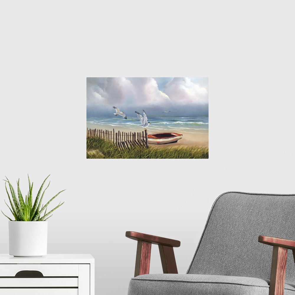 A modern room featuring Painting of two seagulls flying near a small boat on the shore.