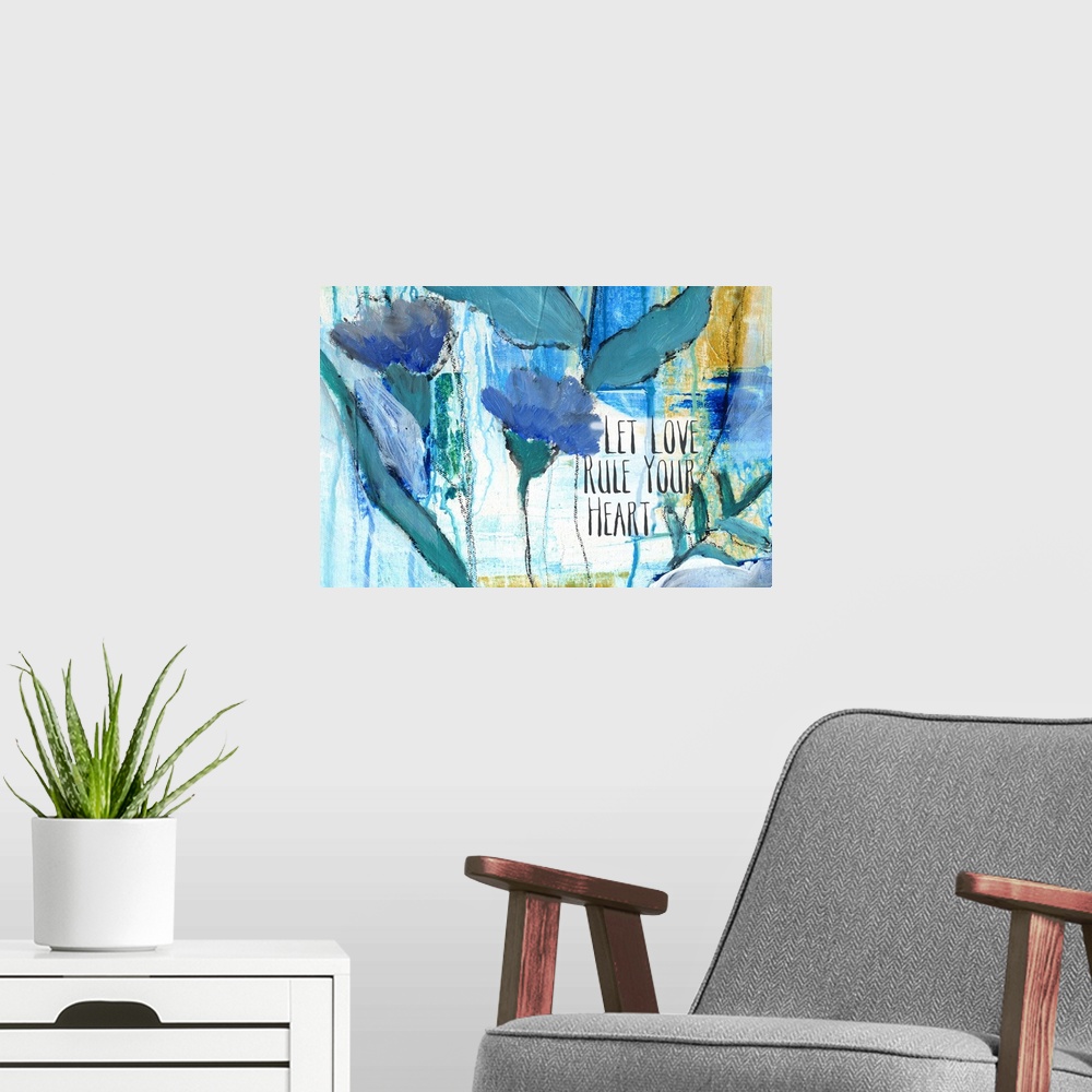 A modern room featuring Contemporary colorful and whimsical sentiment art.