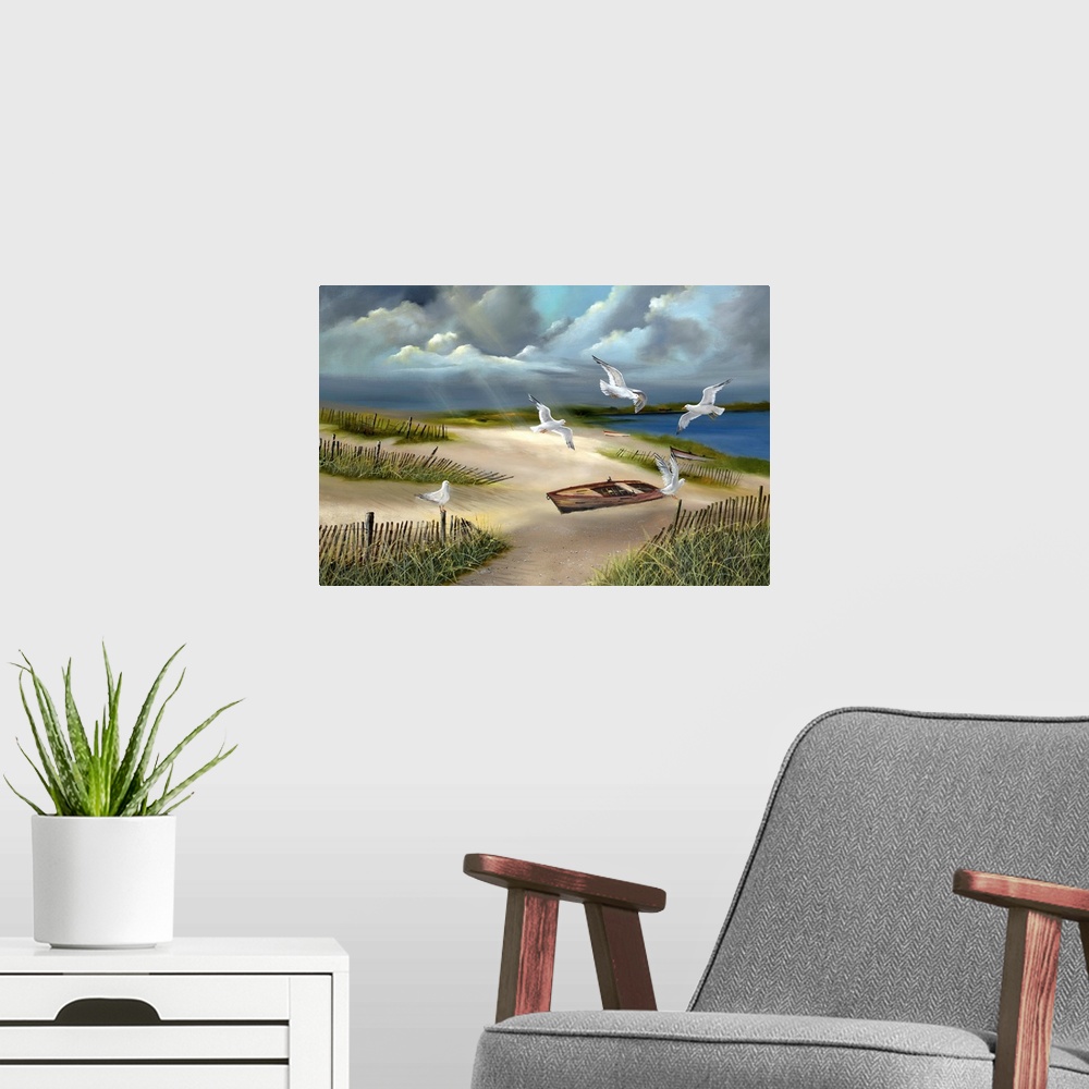 A modern room featuring Contemporary artwork of beach landscape under a cloudy sky.