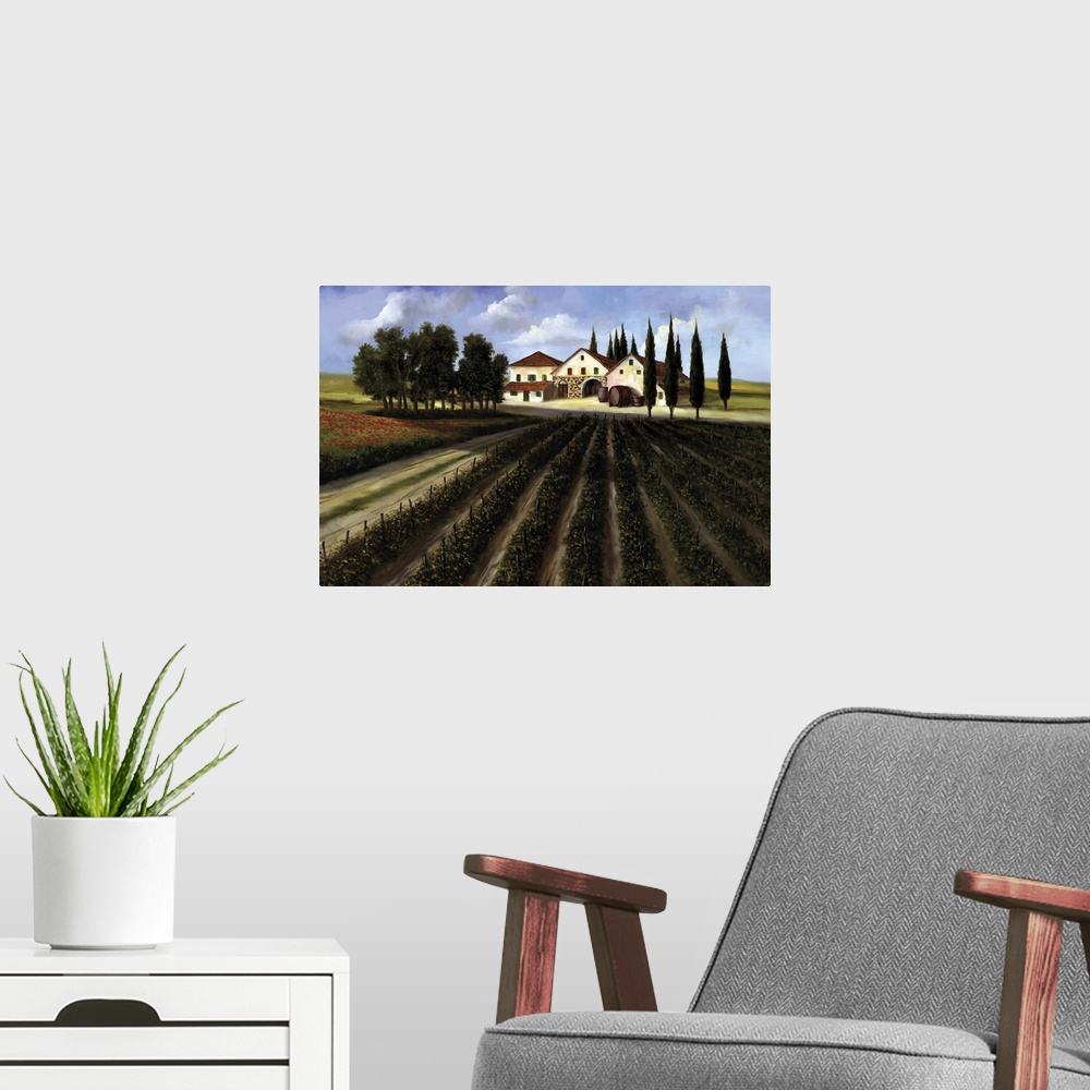 A modern room featuring Contemporary landscape painting of a vineyard with a farm house in the distance.