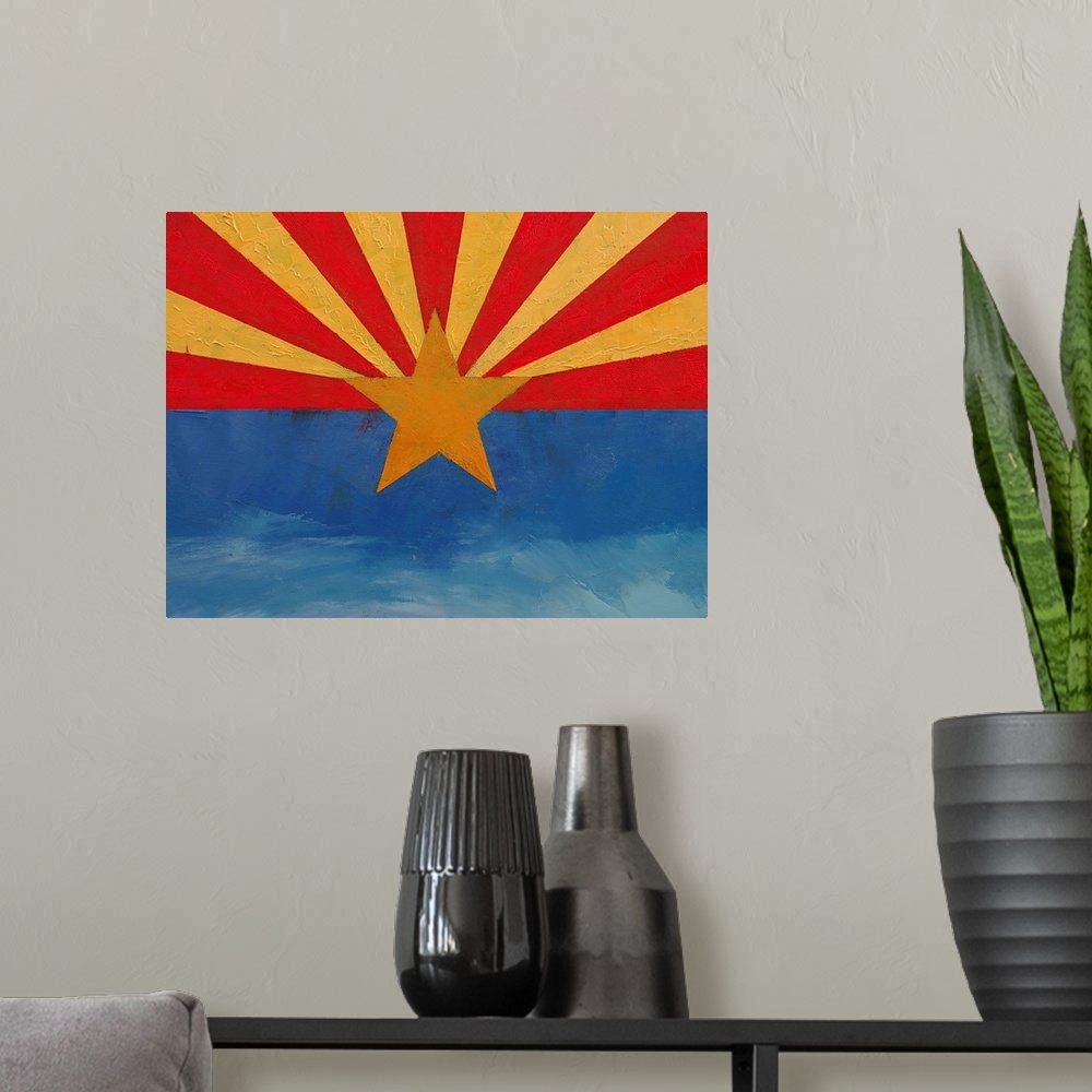 A modern room featuring A contemporary painting of the Arizona state flag.