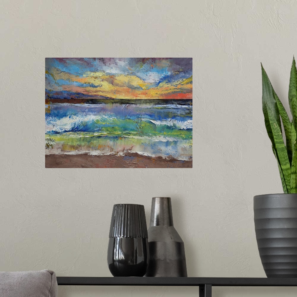 A modern room featuring A beautiful painting that uses all different colors to create a sunset over the ocean with waves ...