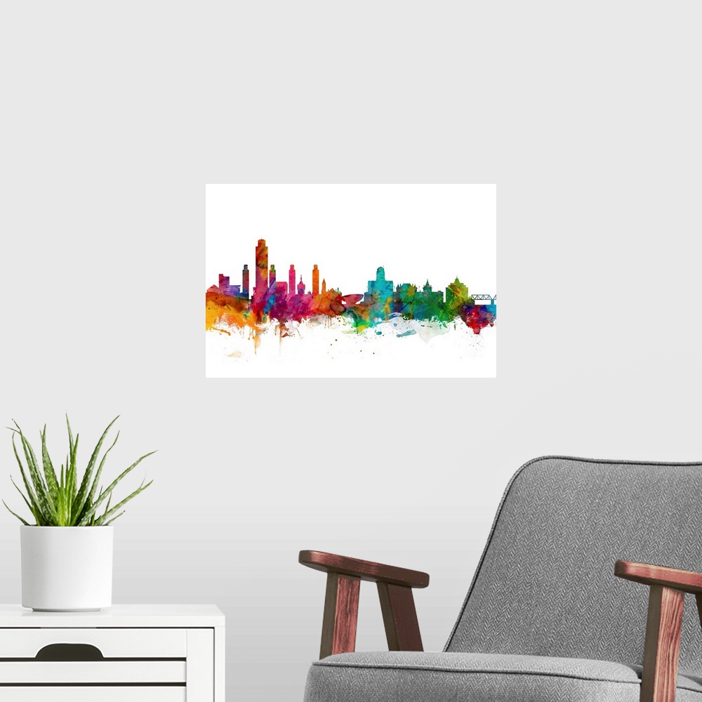 A modern room featuring Watercolor artwork of the Albany skyline against a white background.