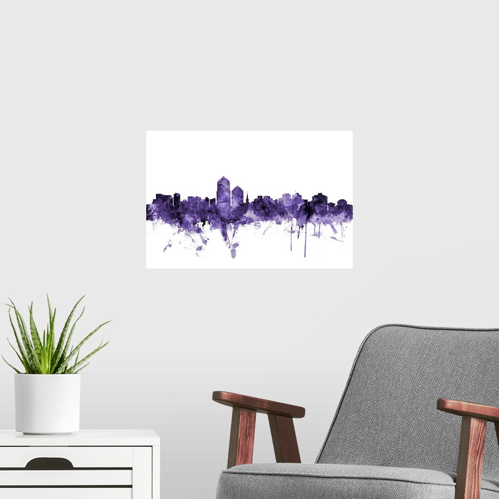 A modern room featuring Watercolor art print of the skyline of Albuquerque, New Mexico, United States