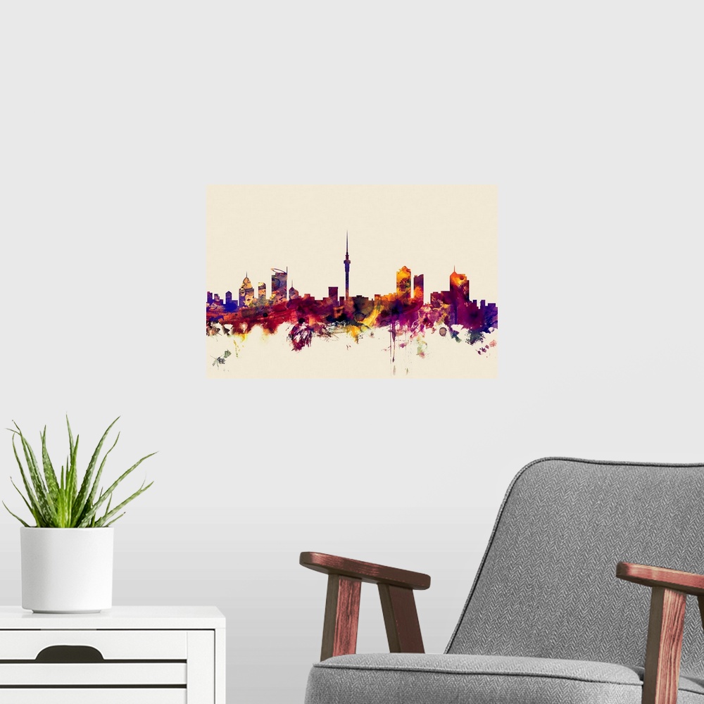 A modern room featuring Contemporary artwork of the Auckland city skyline in watercolor paint splashes.