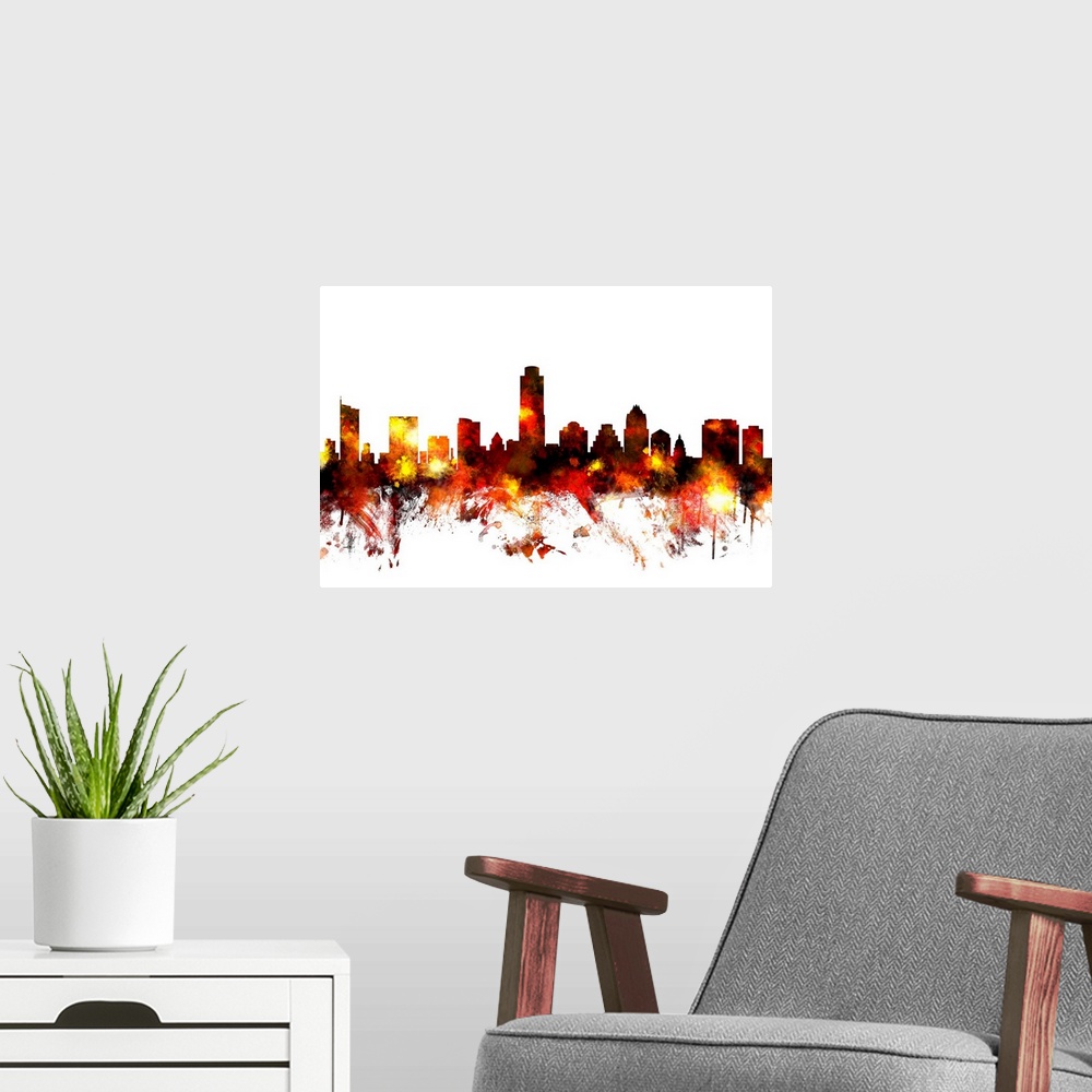 A modern room featuring Contemporary piece of artwork of the Austin skyline made of colorful paint splashes.