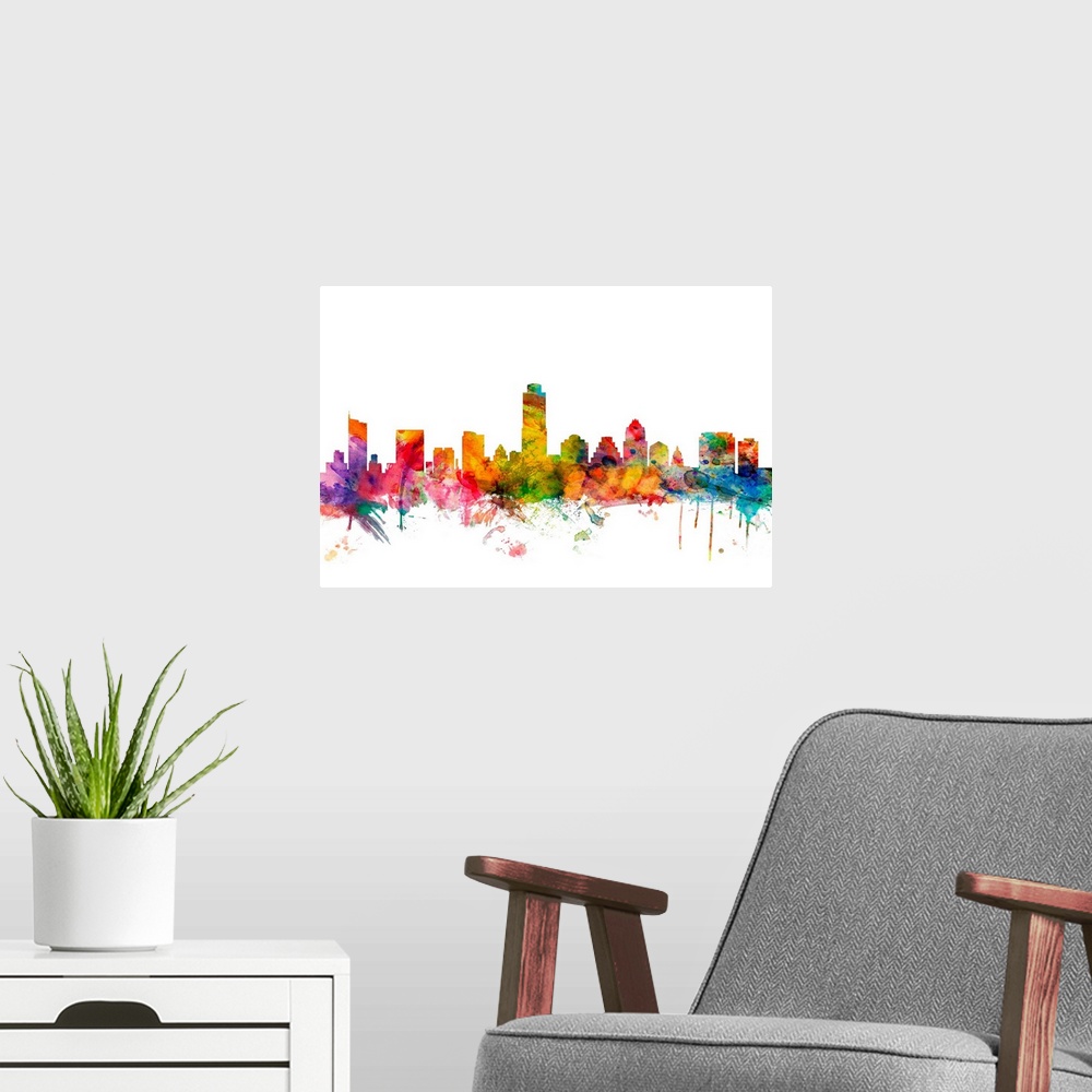 A modern room featuring Watercolor artwork of the Austin skyline against a white background.