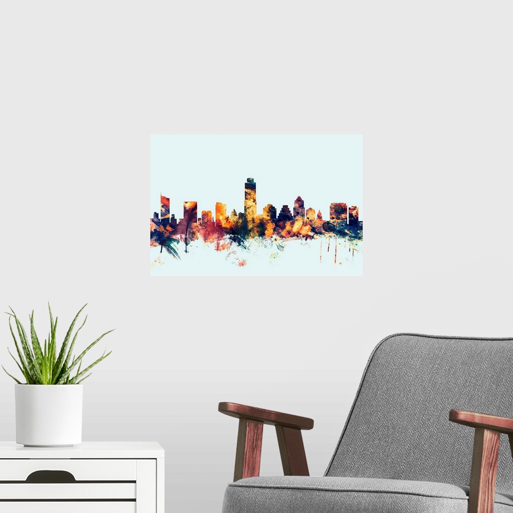 A modern room featuring Dark watercolor silhouette of the Austin city skyline against a light blue background.