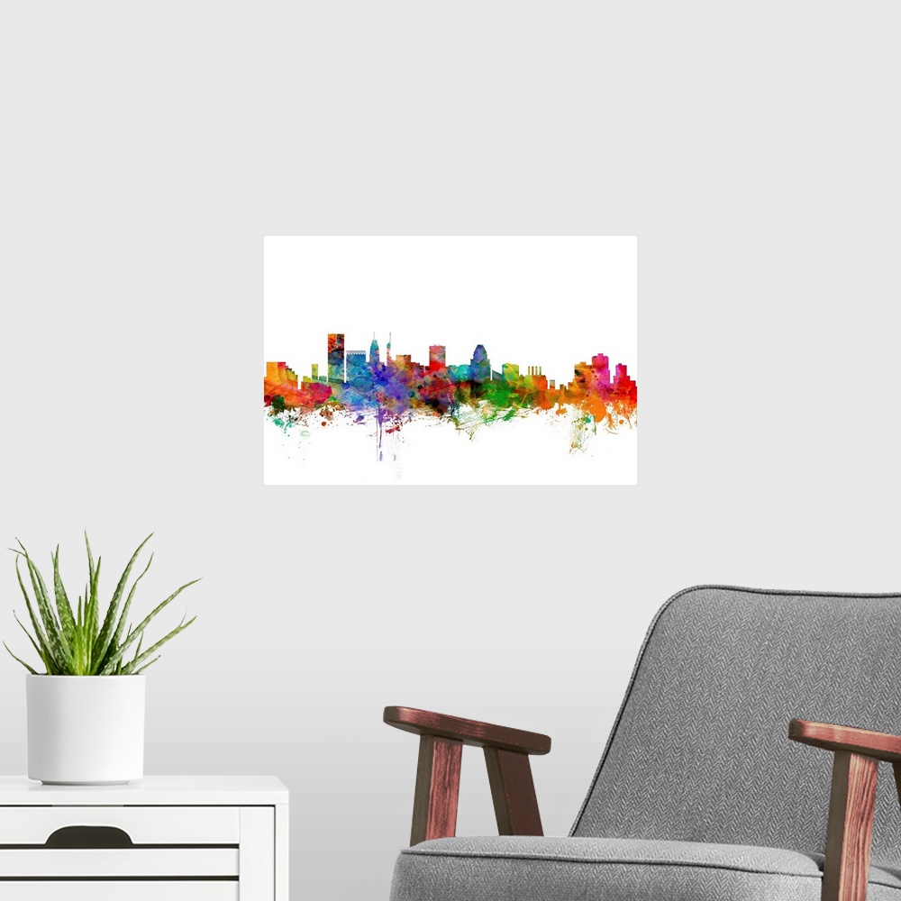 A modern room featuring Watercolor artwork of the Baltimore skyline against a white background.
