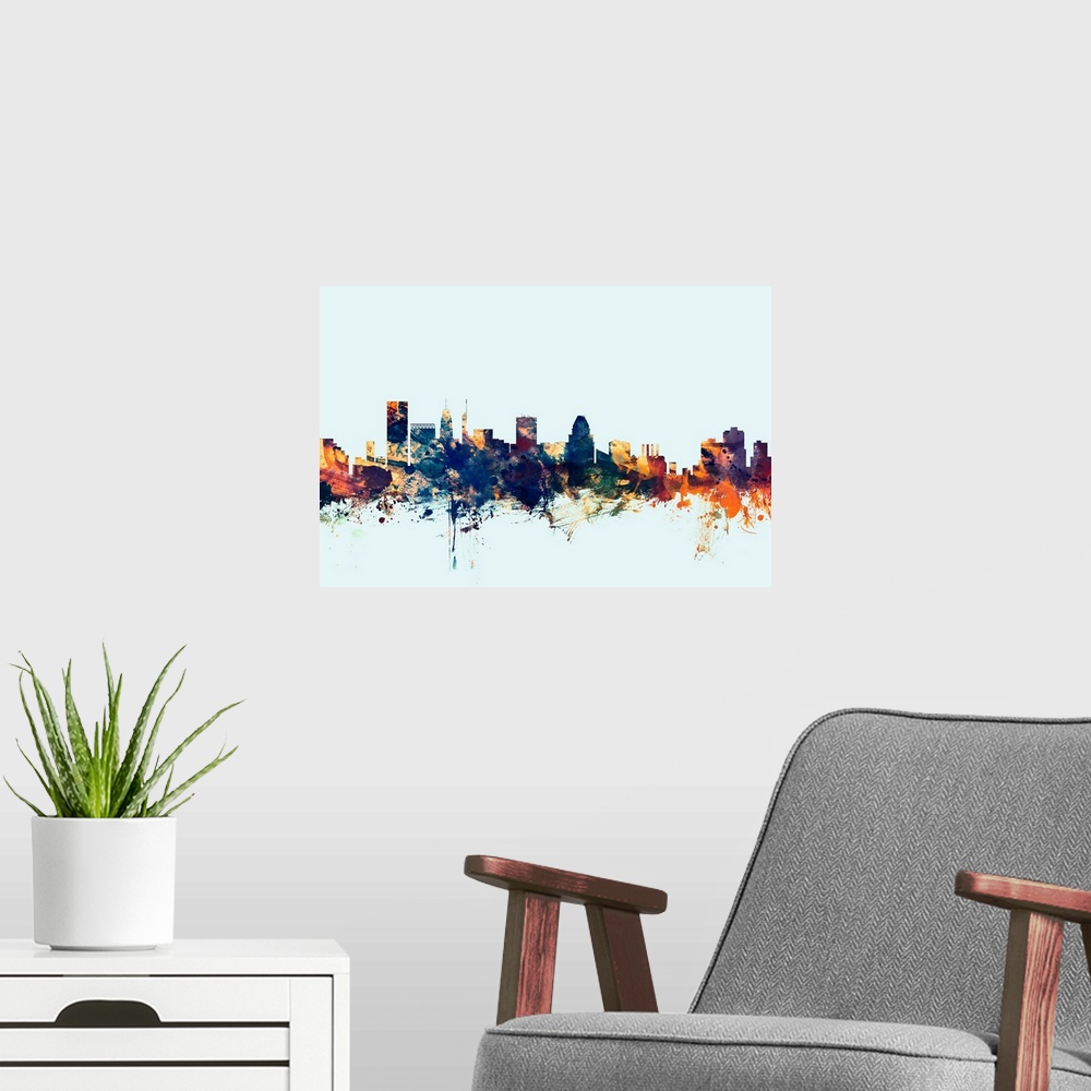 A modern room featuring Dark watercolor silhouette of the Baltimore city skyline against a light blue background.