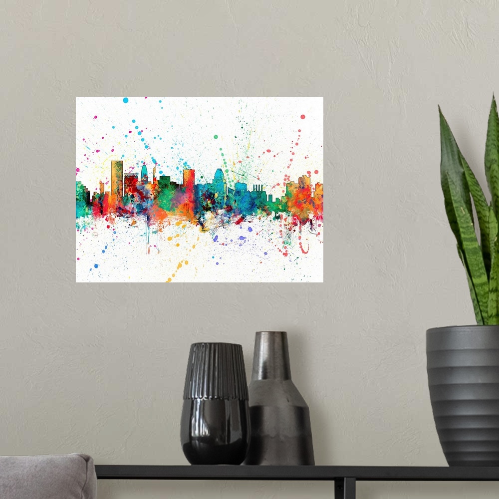 A modern room featuring Wild and vibrant paint splatter silhouette of the Baltimore skyline.
