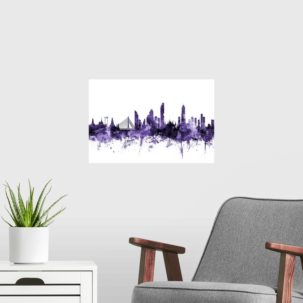 A modern room featuring Watercolor art print of the skyline of Bangkok, Thailand