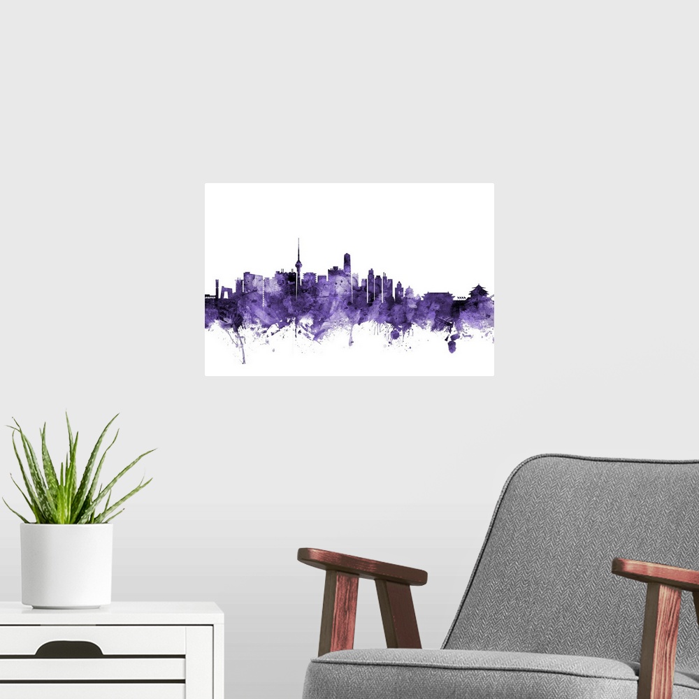A modern room featuring Watercolor art print of the skyline of Beijing, China