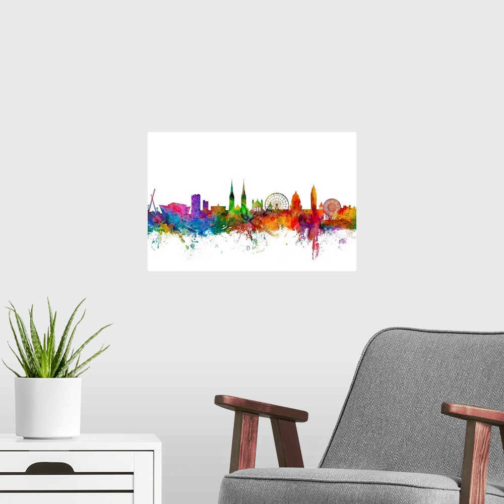 A modern room featuring Contemporary piece of artwork of the Belfast, Northern Ireland skyline made of colorful paint spl...