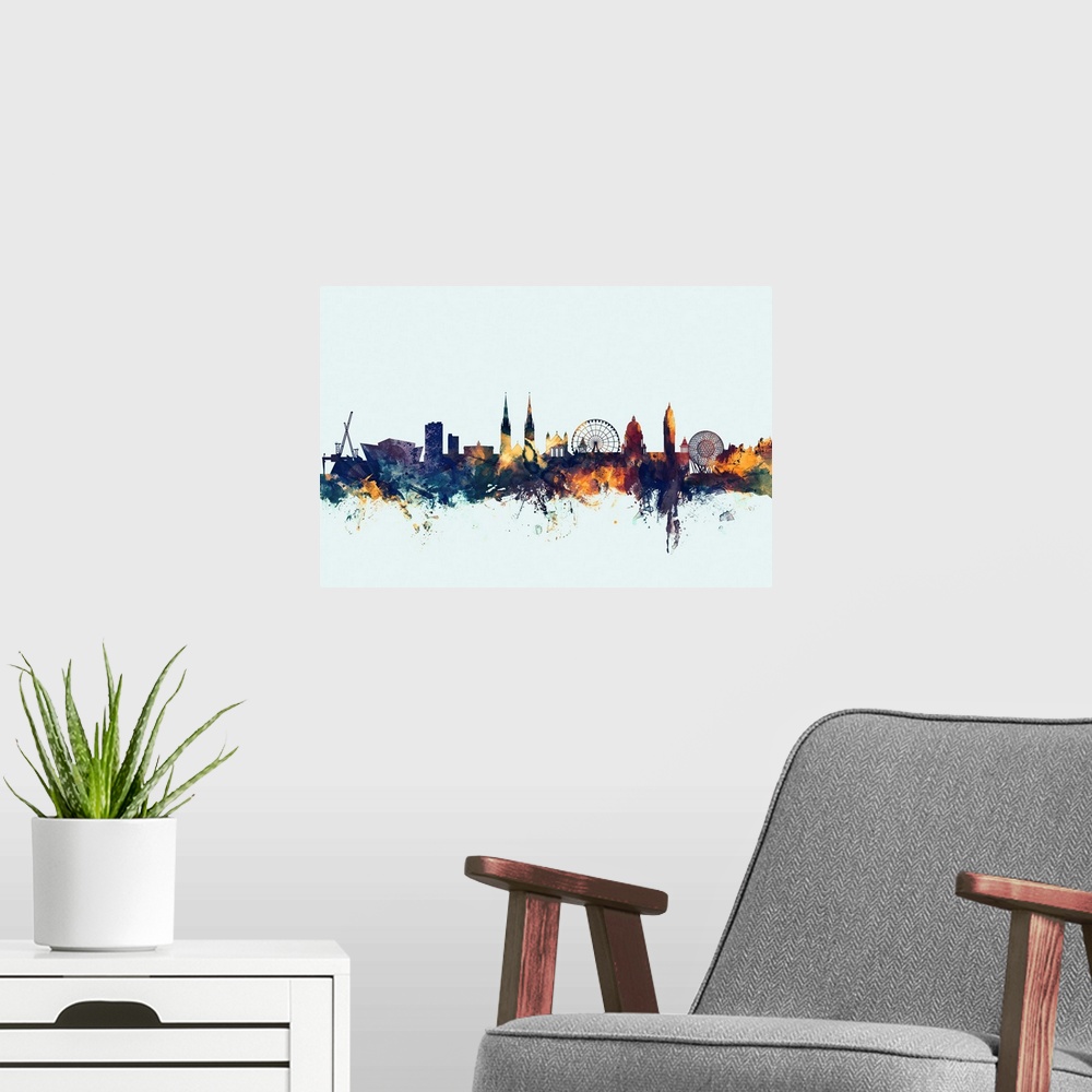 A modern room featuring Watercolor art print of the skyline of Belfast, Northern Ireland