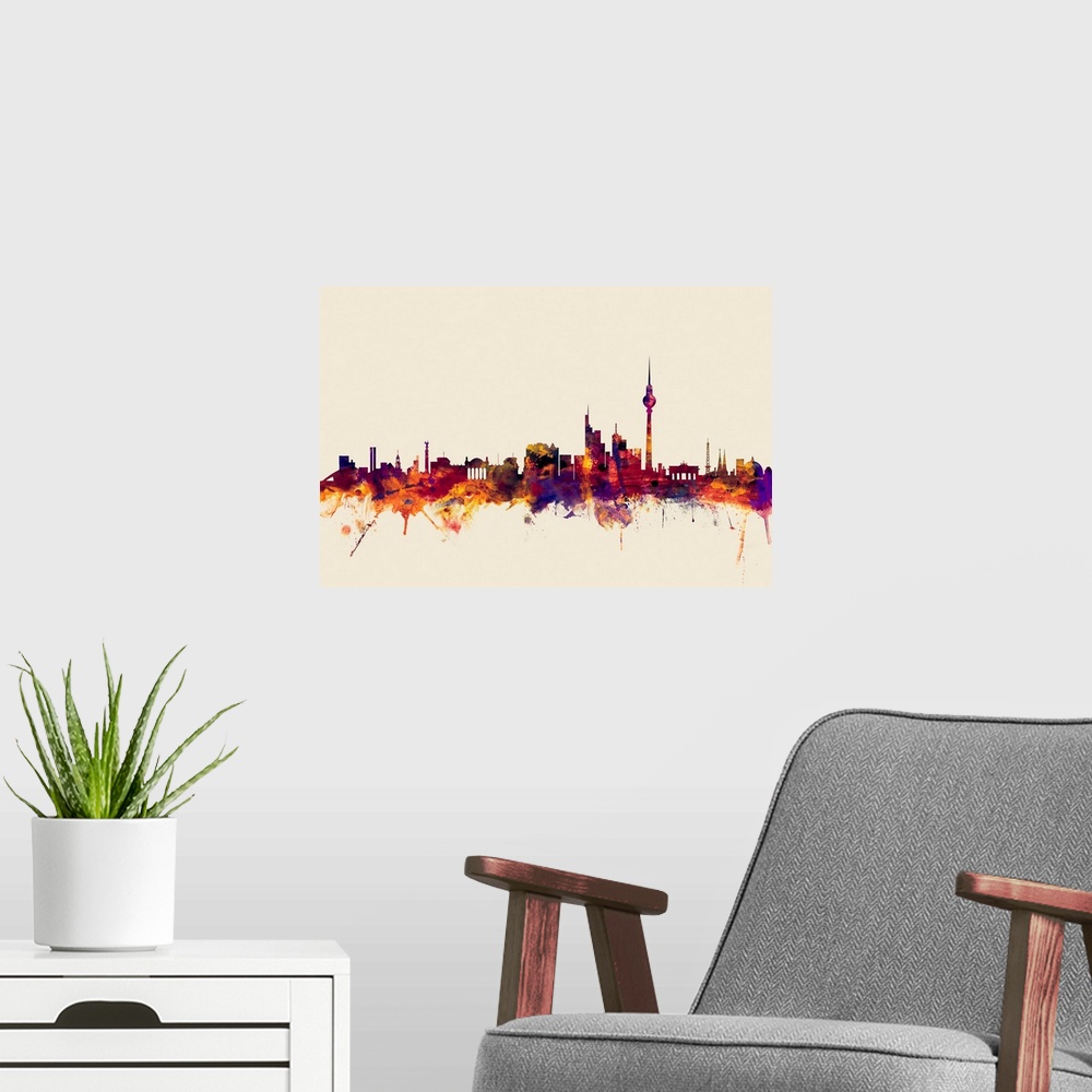 A modern room featuring Watercolor artwork of the Berlin skyline against a beige background.
