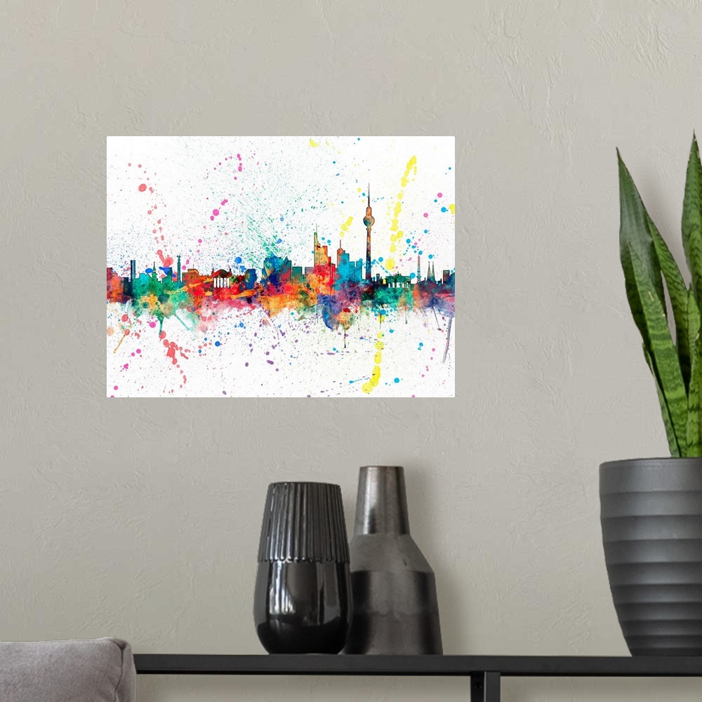 A modern room featuring Wild and vibrant paint splatter silhouette of the Berlin skyline.