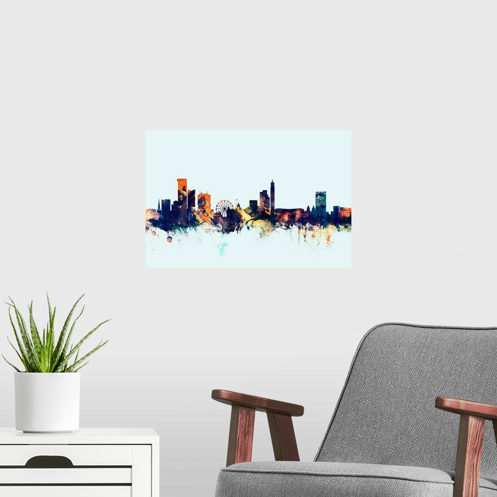 A modern room featuring Dark watercolor silhouette of the Birmingham city skyline against a light blue background.