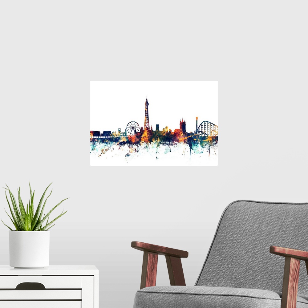 A modern room featuring Dark watercolor silhouette of the Blackpool city skyline against a light blue background.